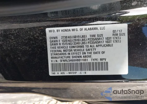 2017 Honda Odyssey Ex-L z USA, uszkodzony, nr VIN 5FNRL5H6XHB011881